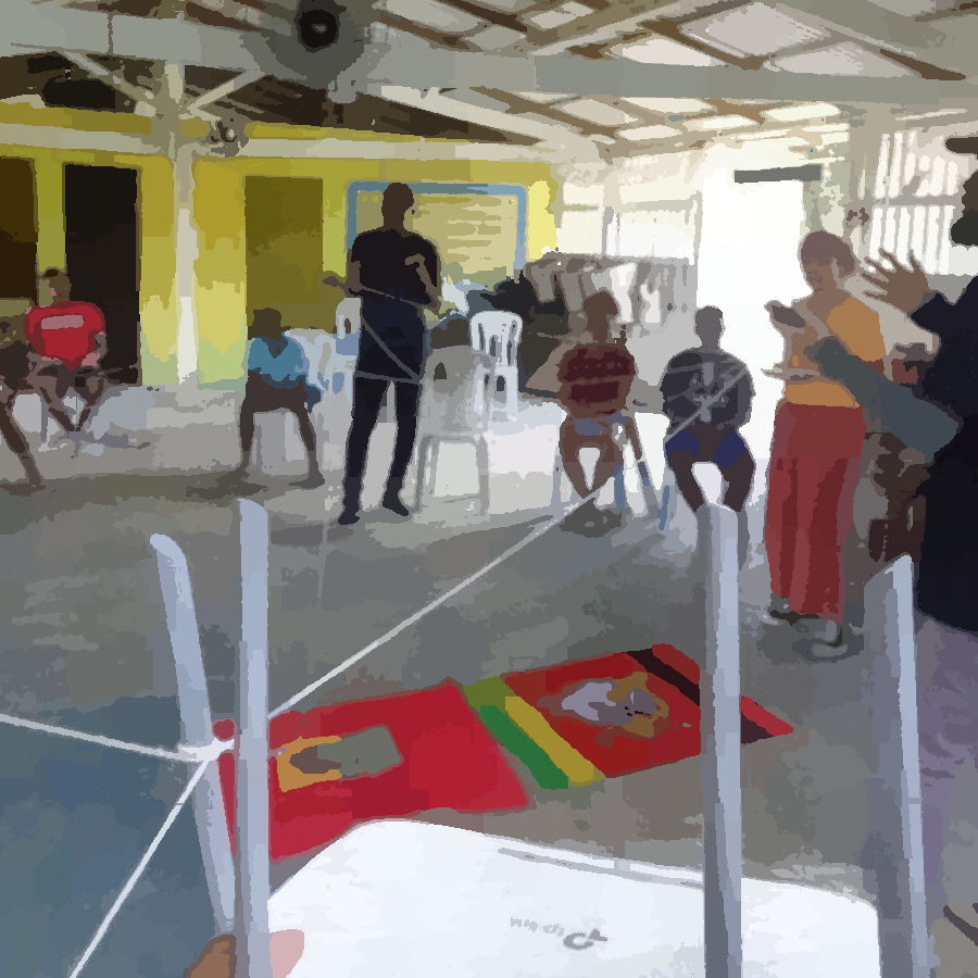 Na pintura podemos ver em primeiro plano um roteador onde de suas antenas, saem barbantes que simulam a conexão entre os nodos.