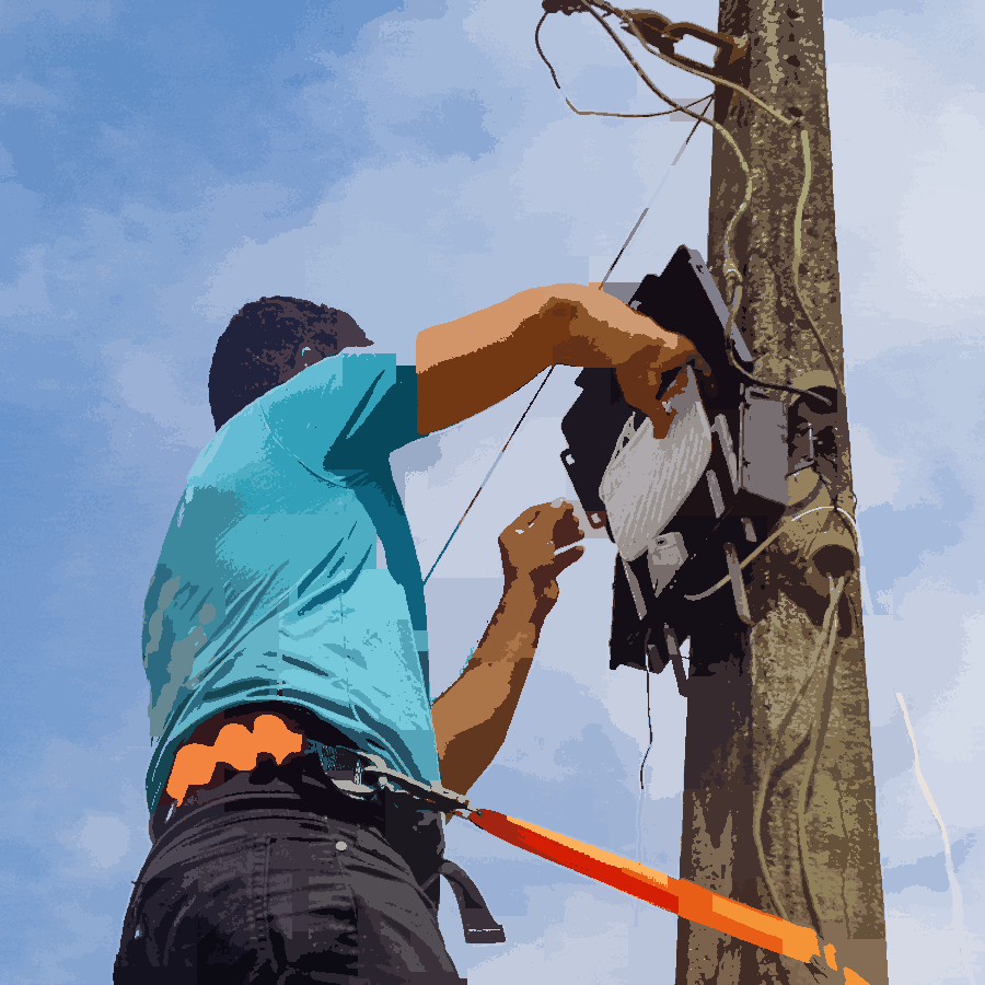 Na pintura podemos ver uma pessoa configurando um roteador em um poste.