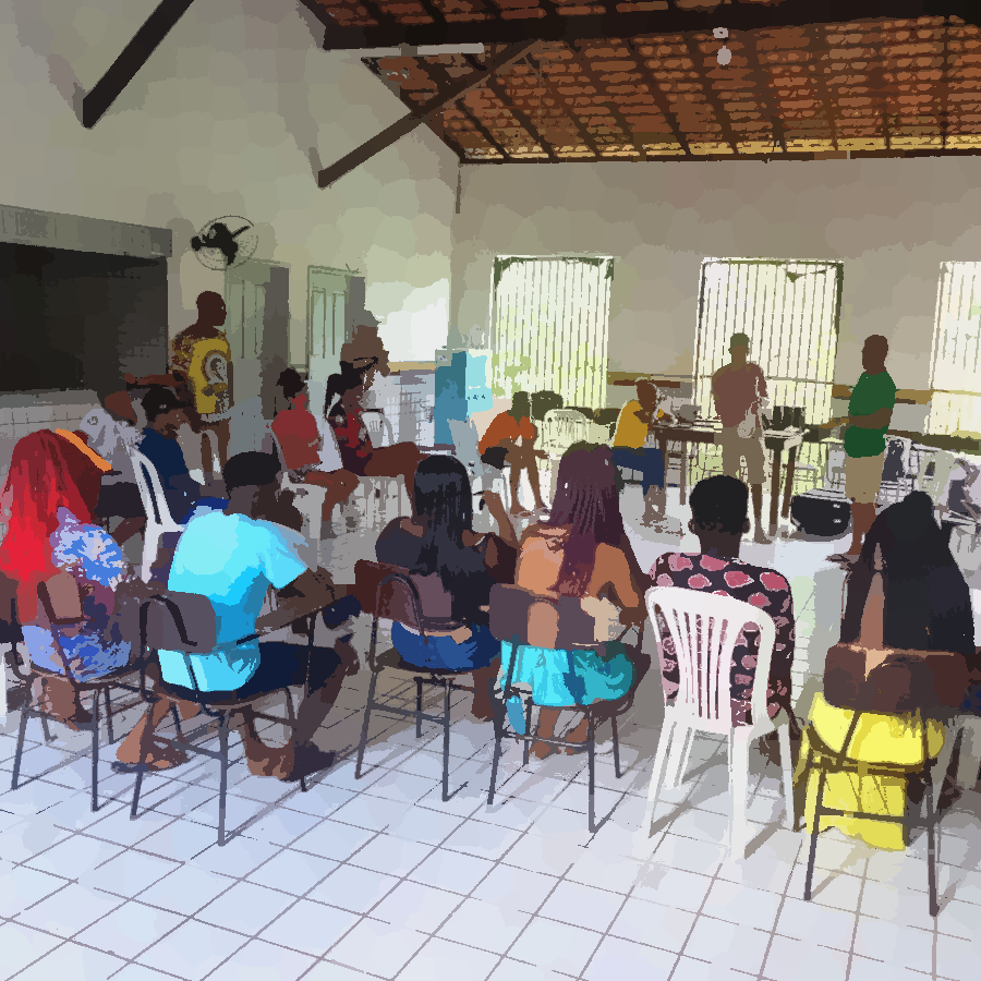 Na ilustração é possivel ver uma sala de aula com a comunidade discutndo o que aprenderam durante as oficinas de redes comunitárias.