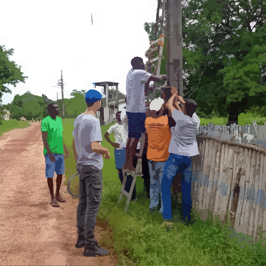 Na pintura podemos ver um grupo reunido ao redor de uma escada apoiada em um poste. Um jovem está na escada para colocar um roteador nesse poste. As outras pessoas estão auziliando esse jovem e apoiando a escada.