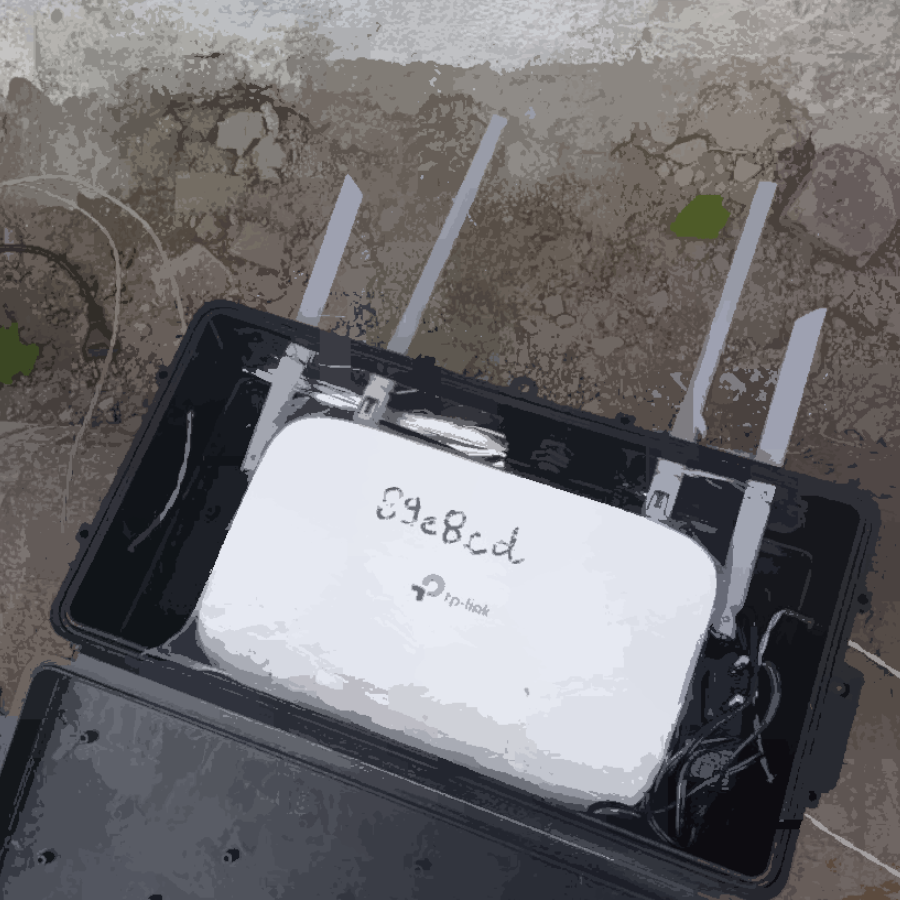 Na pintura podemos ver um roteador dentro de uma caixa hermética.